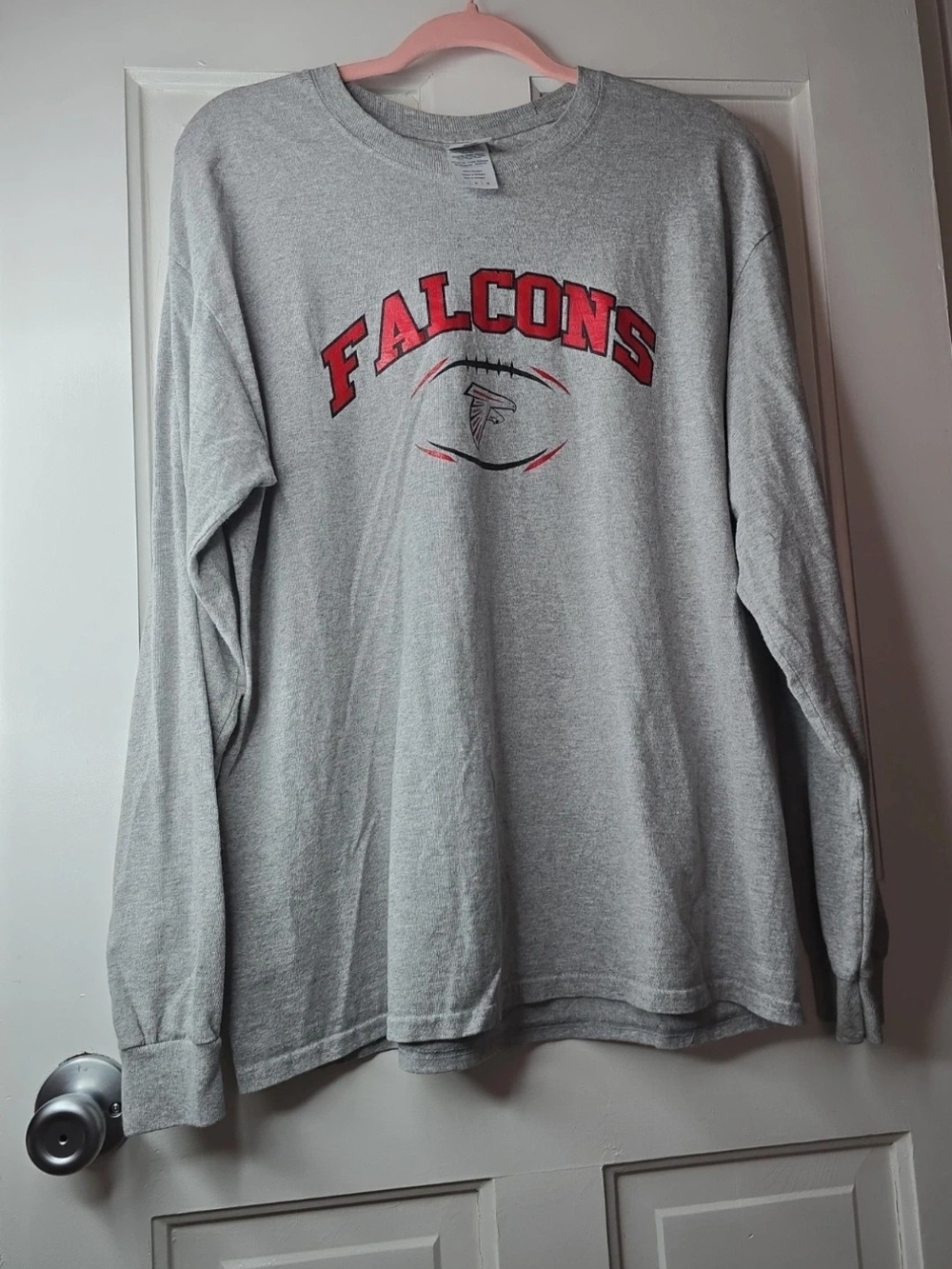 Gildan Gray Long Sleeve Falcons Graphic Tee with Red Logo